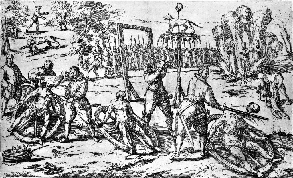 Execution of Peter Stumpp, 1589, convicted of being a werewolf. Illustration includes details relaying his crimes